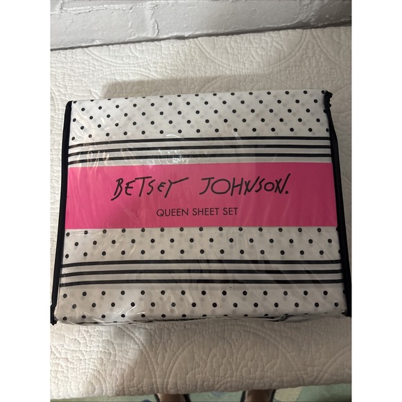 Betsy Johnson Queen Sheet Set Brand New Black And White Polkadot Set - Picture 1 of 5